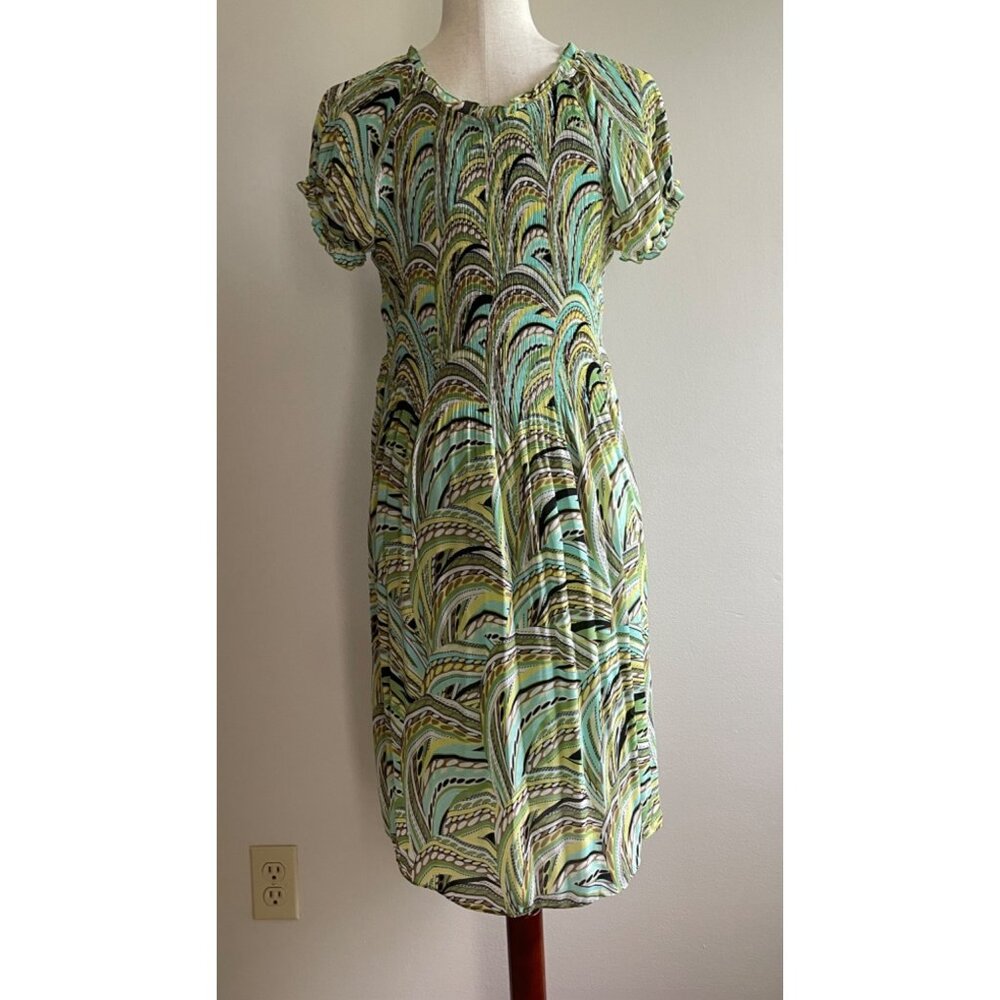 Melissa Paige Smocked Puff Sleeve Dress Womens L Green Print Lined Flowy - Picture 3 of 8